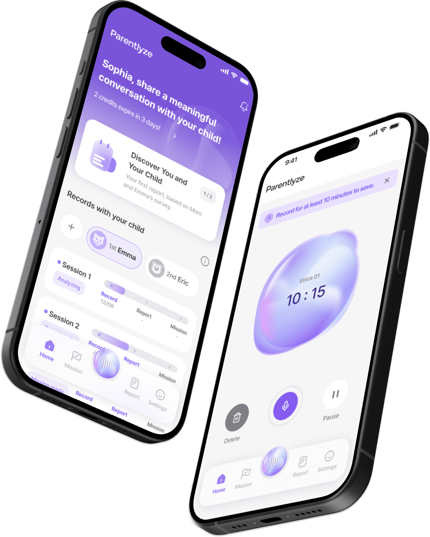 Parentlyze app home and conversation recording screens